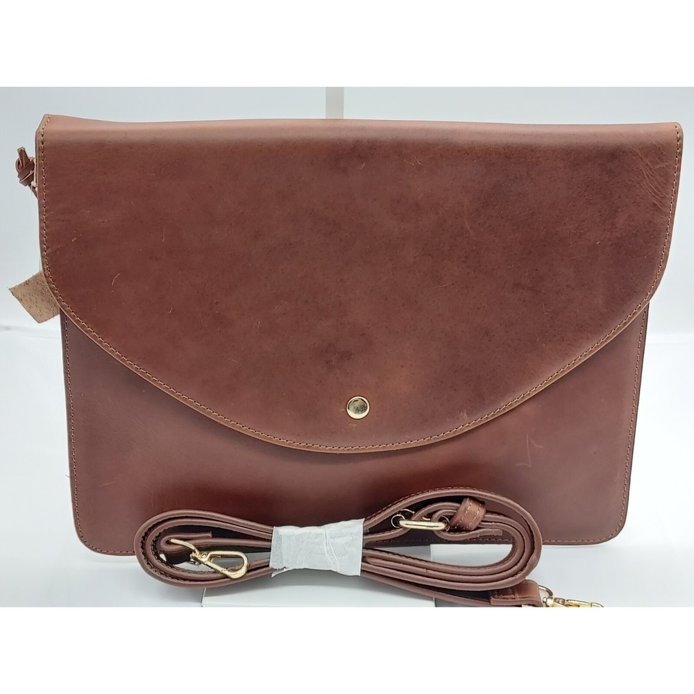 Genuine Brown Leather Envelope Crossbody Clutch Gold Hardware Adjustable Strap